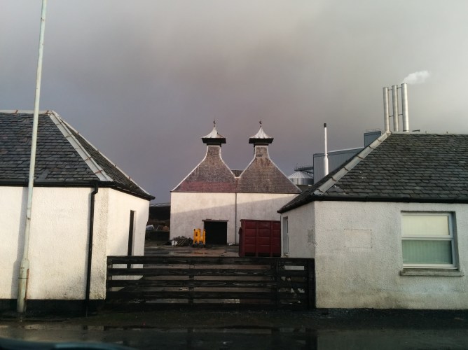 The former Port Ellen distillery. Only the maltings facility, kiln house, administration buildings and warehouses remain of the old distillery.