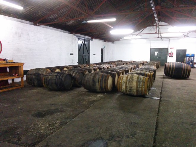 The barrels that are filled on-site at the distillery.