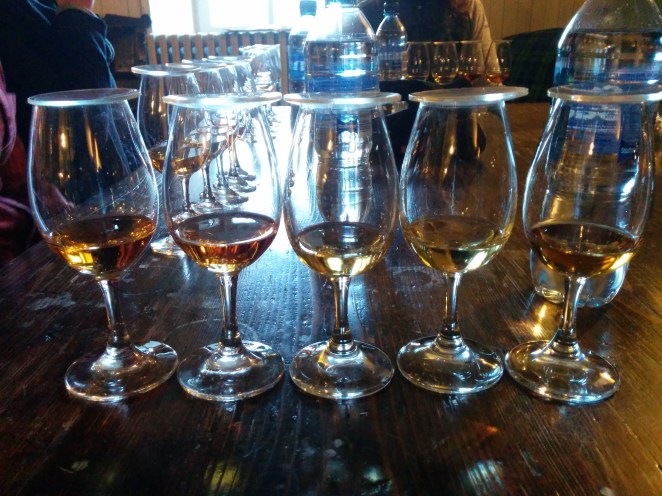 From left: Lagavulin 16 Years Old, PX Distiller's Edition, 14 year old ex-bourbon cask sample, 12 Years Old, ex-bodega sherry cask sample.