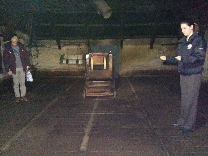 The tour guide showing us the kiln in which the barley is malted.