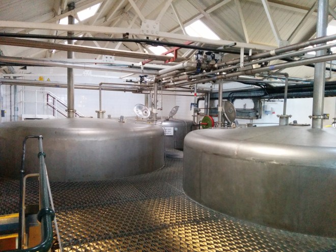 The stainless steel washbacks at Laphroaig, which have a fermantation time of between 55 and 90 hours.