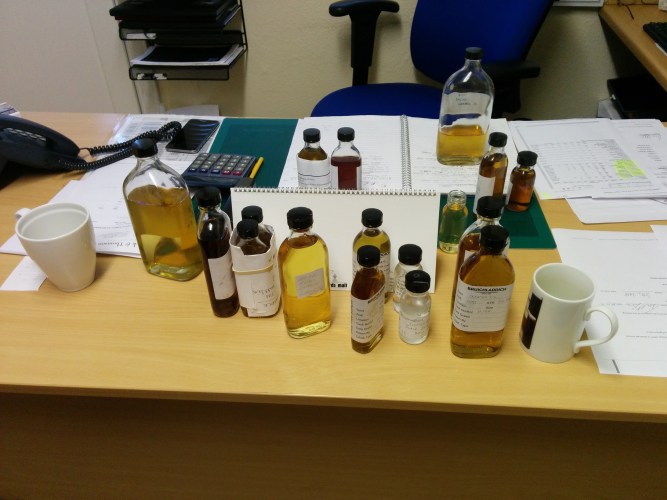 The various cask samples on Mr Jim McEwan's desk.