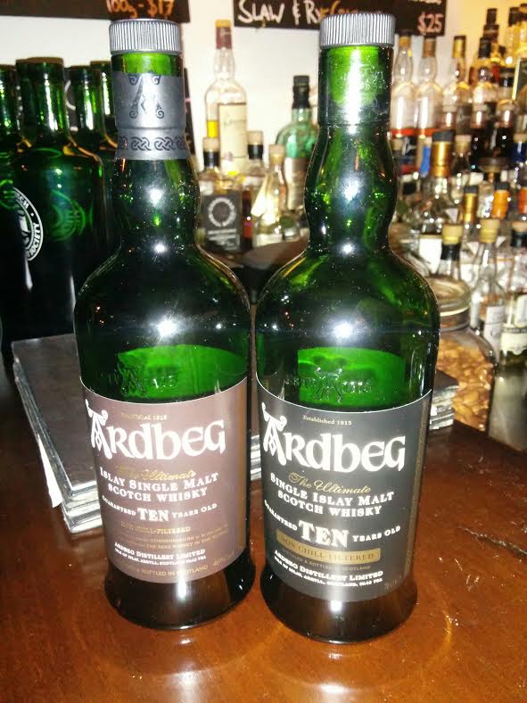 Left: Ardbeg 10 Years (Current bottling) & Right: Ardbeg 10 Years (Old bottling).