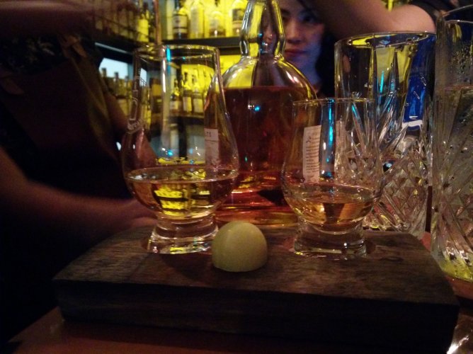 Left: Clynelish 16 Years Old (Bottled by Carn Mor for their Strictly Limited range) & Right: Clynelish 15 Years Old (Bottled by Douglas Laing for their Old Malt Cask range), paired with a brilliant ginger infused white chocolate truffle.